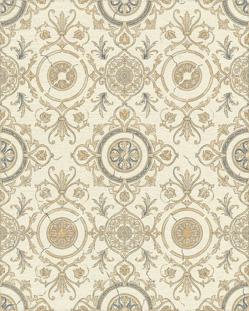 Aged Cream Gold Medallion Scrollwork Repeating Rug - Cutout View