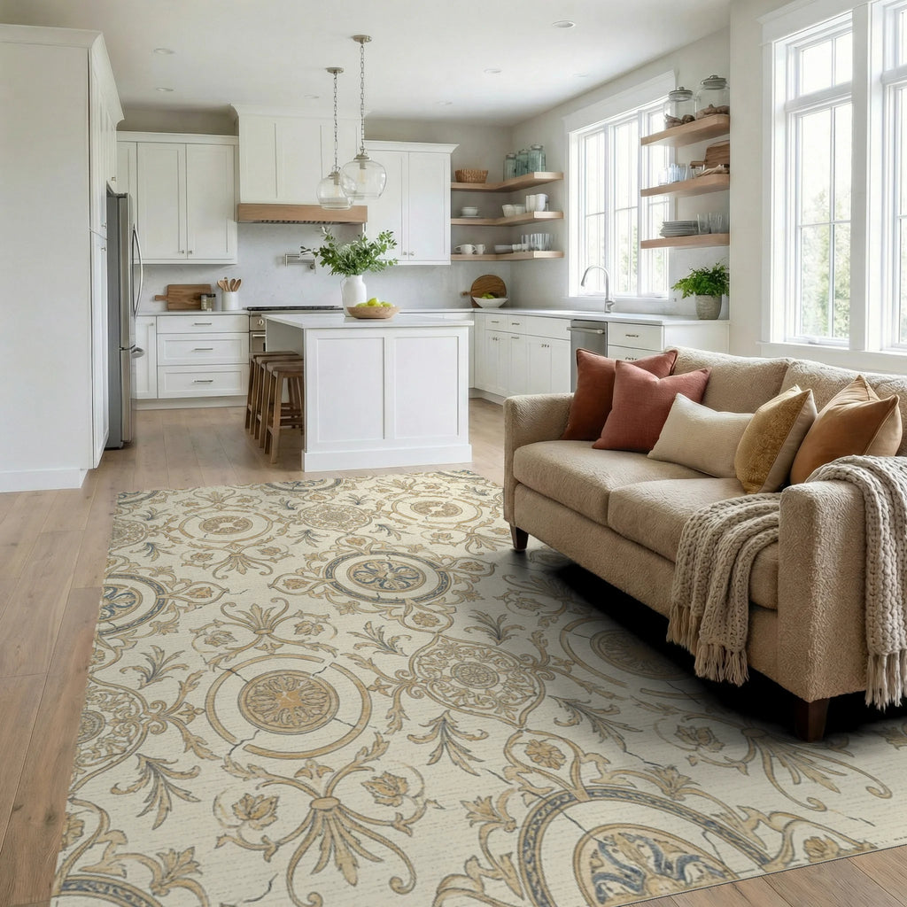 Aged Cream Gold Medallion Scrollwork Repeating Rug Living Room View
