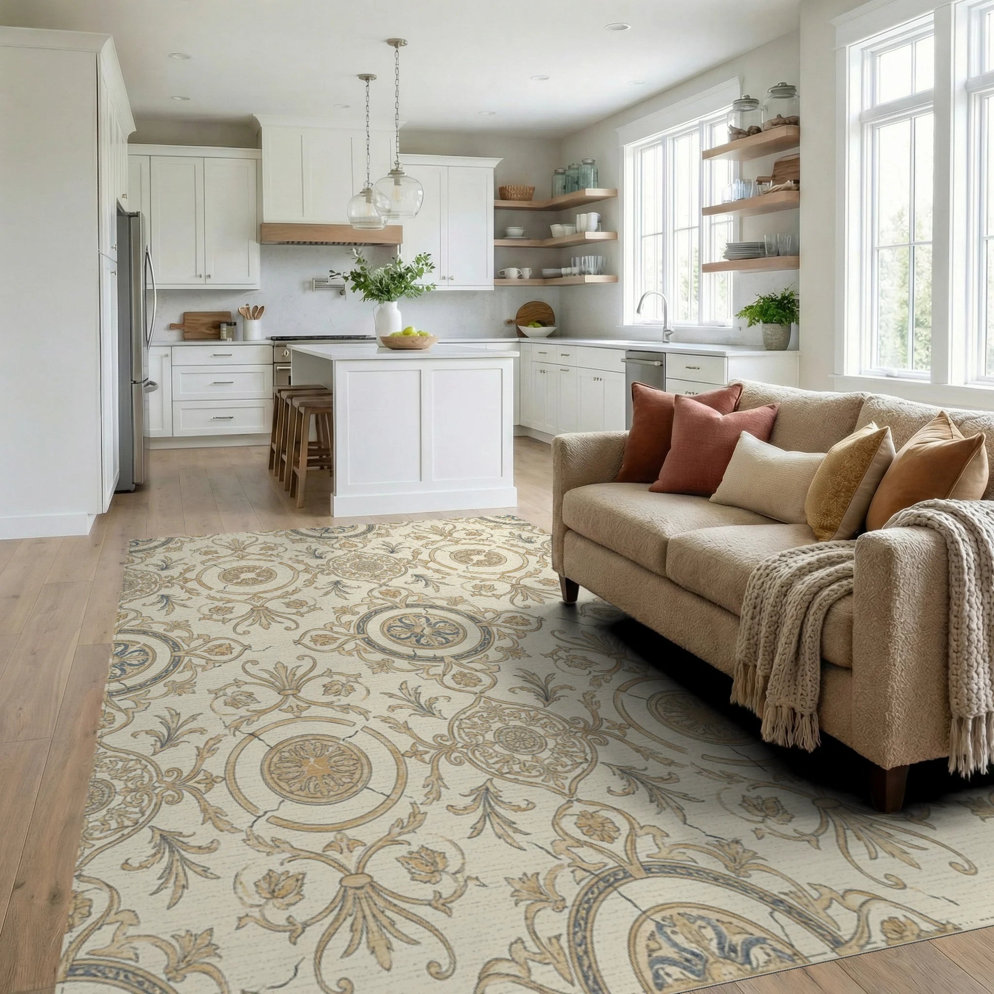 Aged Cream Gold Medallion Scrollwork Repeating Rug Living Room View