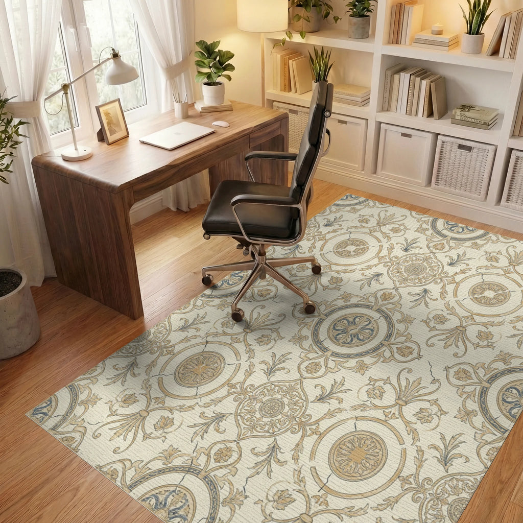 Aged Cream Gold Medallion Scrollwork Repeating Rug Office View