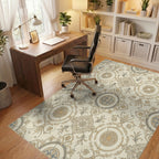 Aged Cream Gold Medallion Scrollwork Repeating Rug Office View