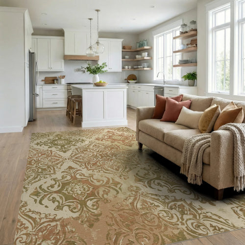 Aged Gold Floral Ogee Baroque Rug Living Room View