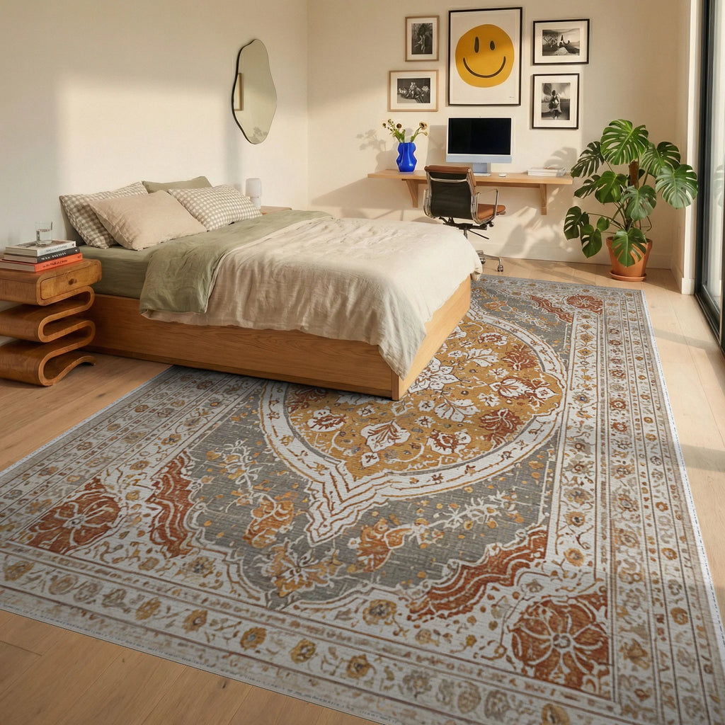 Amber Gray Ochre Floral Medallion Rug Bedroom View