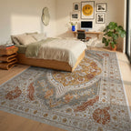 Amber Gray Ochre Floral Medallion Rug Bedroom View