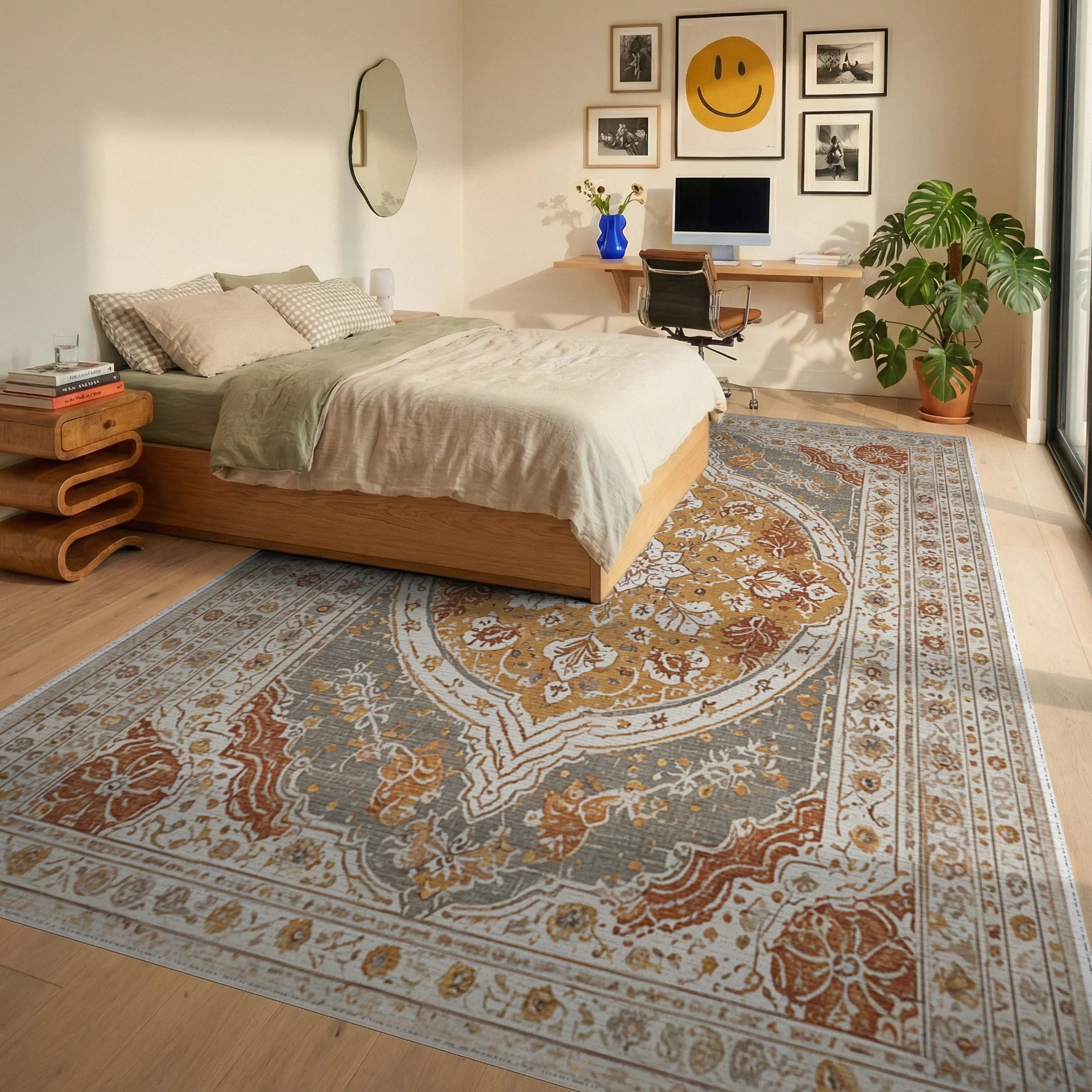 Amber Gray Ochre Floral Medallion Rug Bedroom View