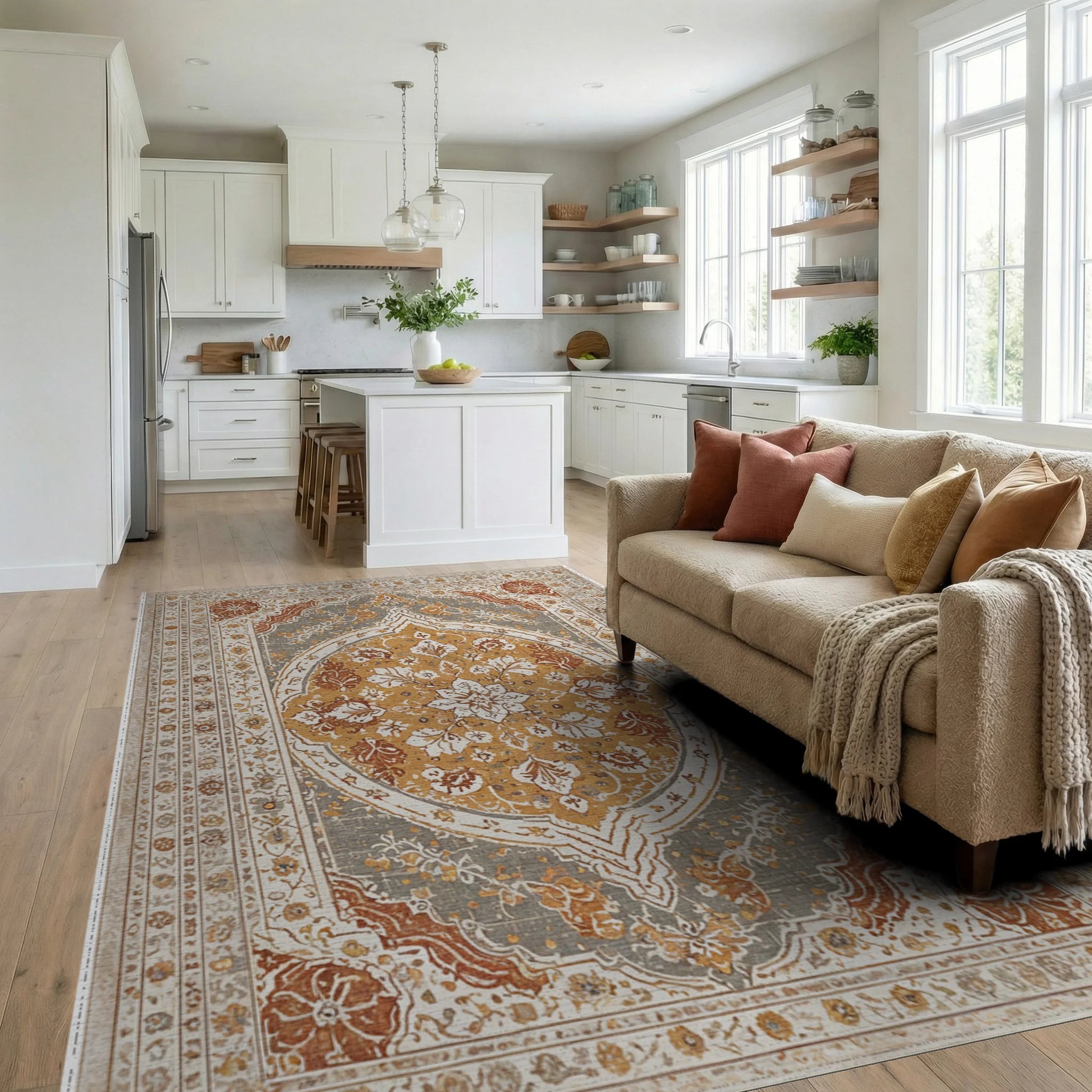 Amber Gray Ochre Floral Medallion Rug Living Room View