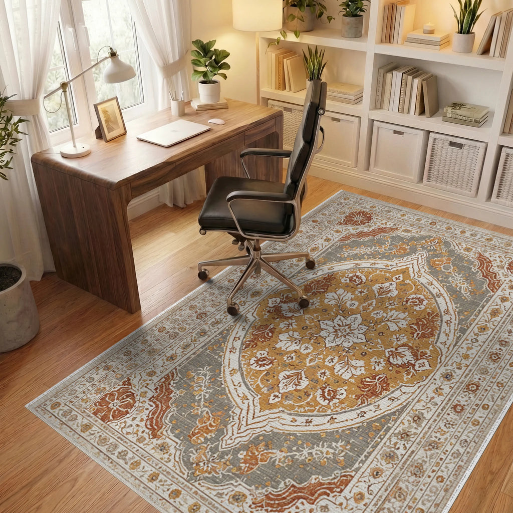 Amber Gray Ochre Floral Medallion Rug Office View