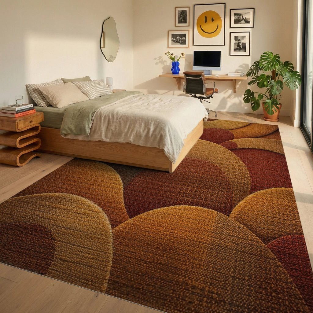 Amber Terracotta Layered Circles Rug - Bedroom View