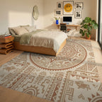 Ancient Sun Calendar Brown Geometric Rug Bedroom View