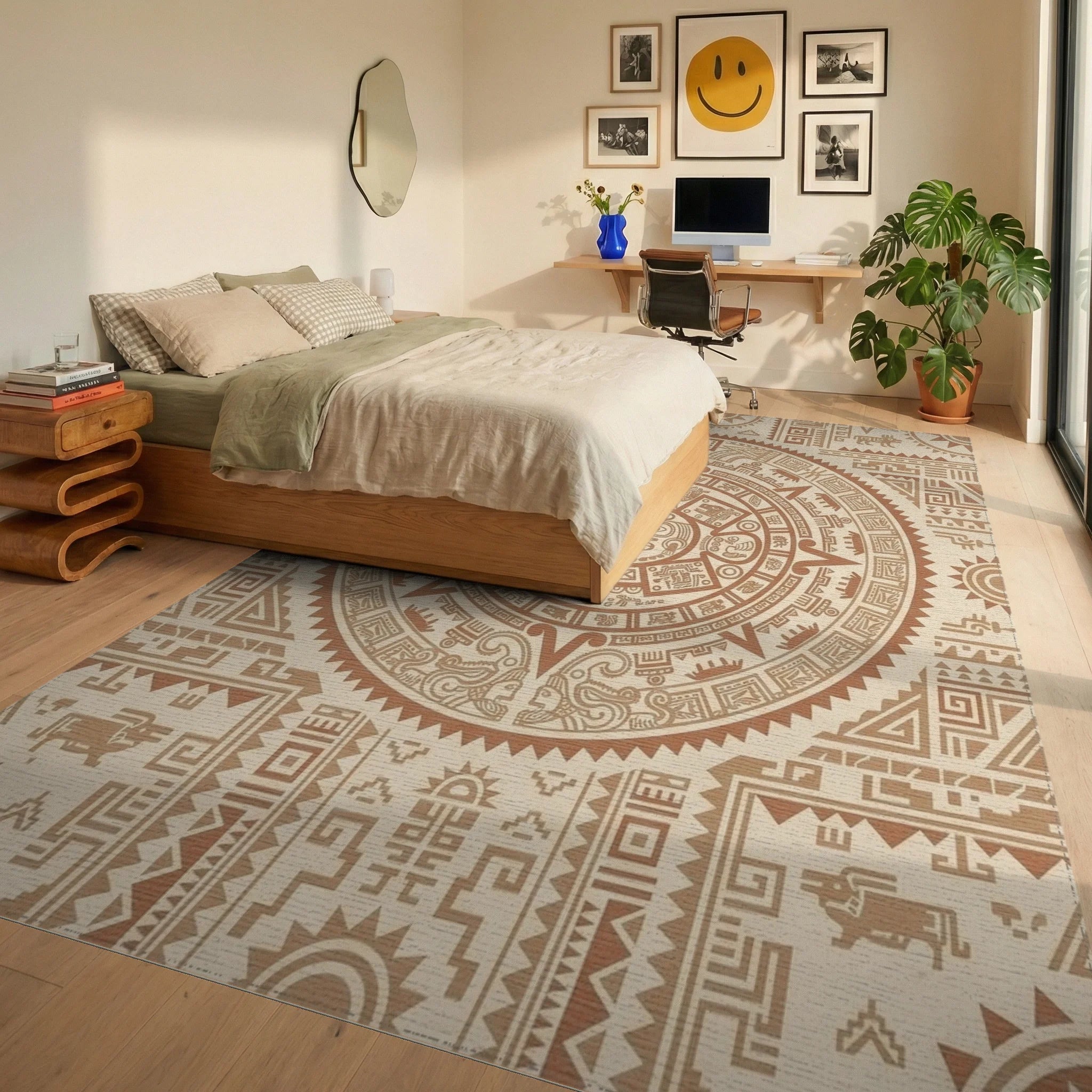 Ancient Sun Calendar Brown Geometric Rug Bedroom View