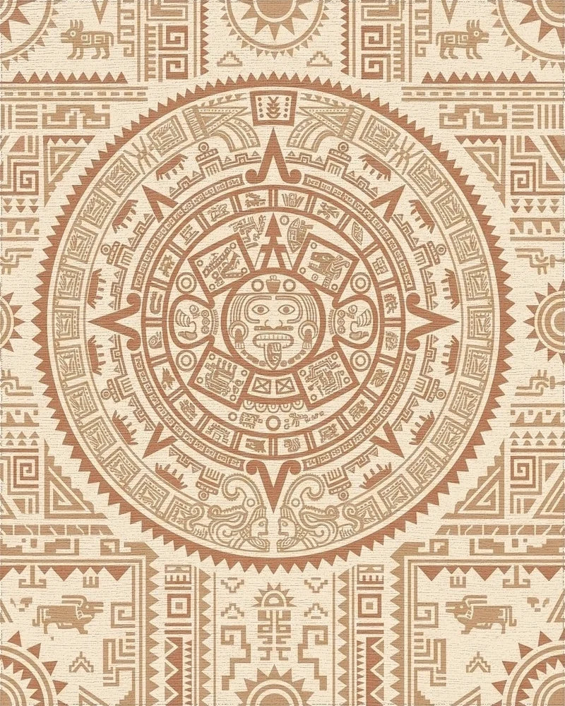 Ancient Sun Calendar Brown Geometric Rug - Cutout View
