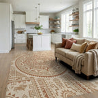Ancient Sun Calendar Brown Geometric Rug Living Room View