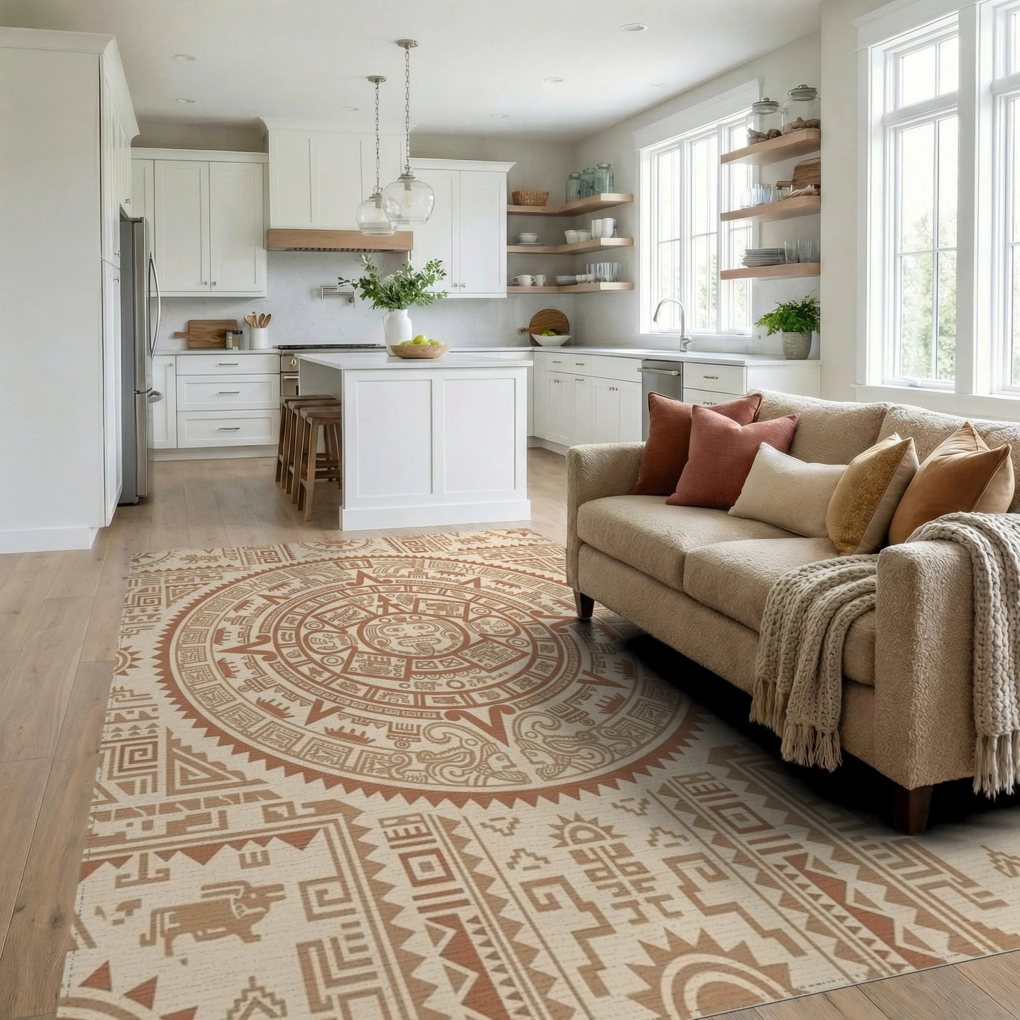 Ancient Sun Calendar Brown Geometric Rug Living Room View