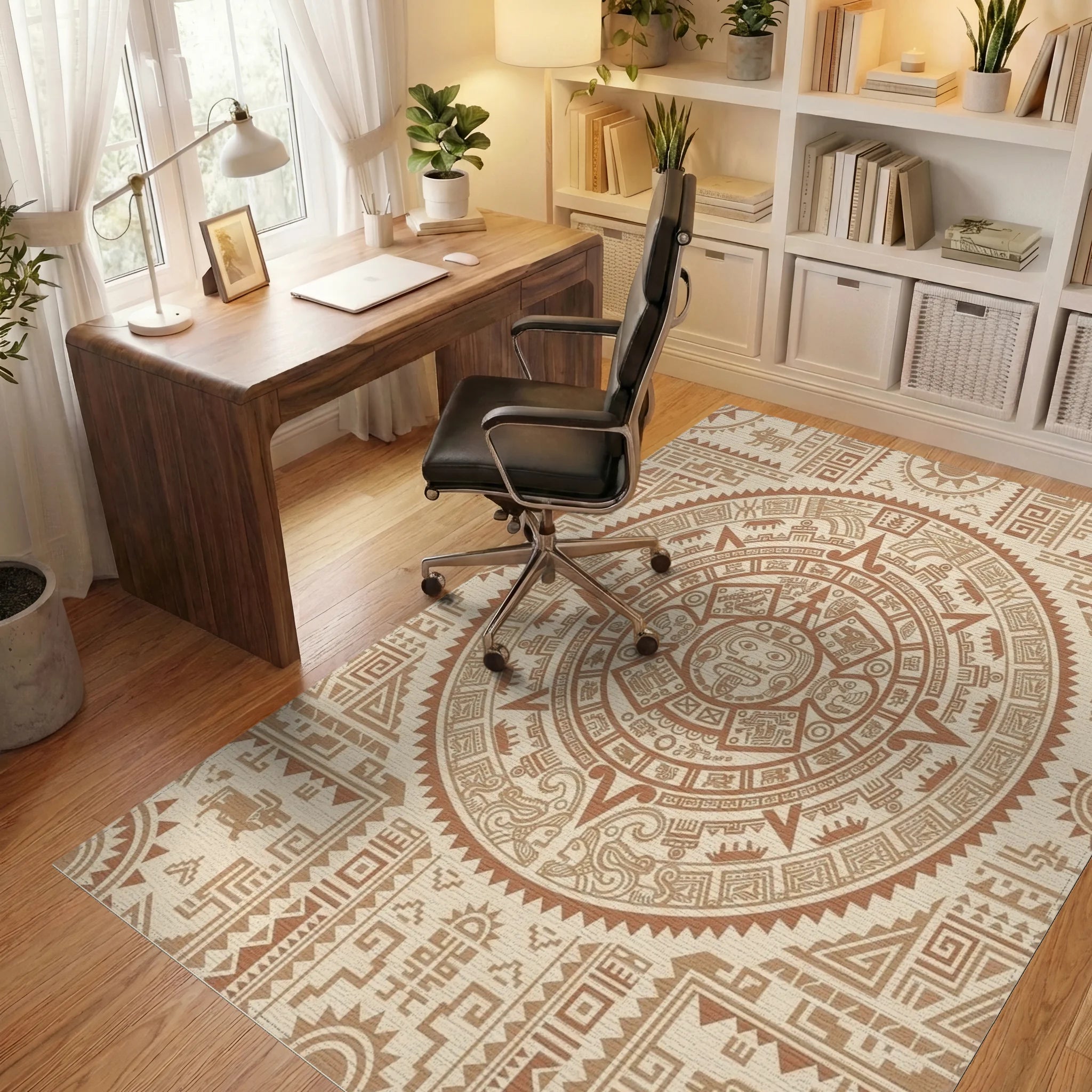 Ancient Sun Calendar Brown Geometric Rug Office View