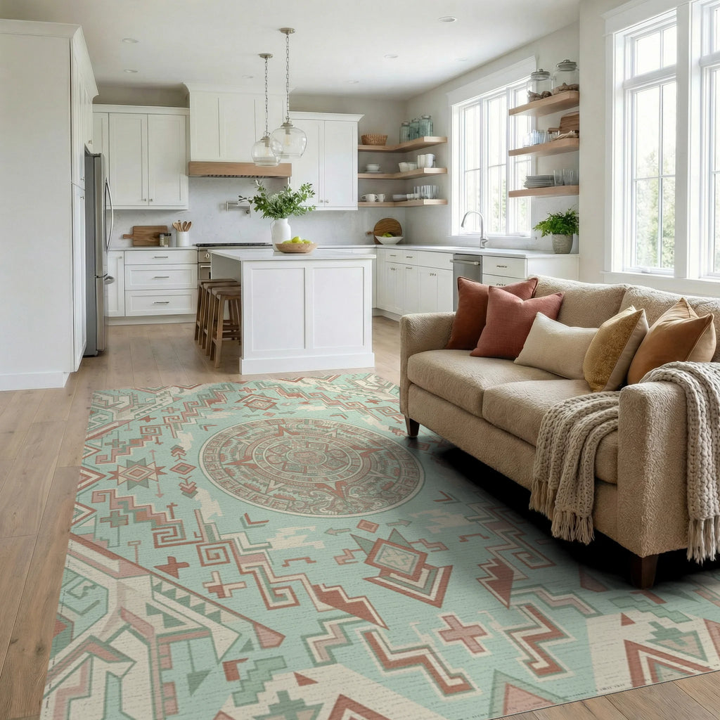 Ancient Sun Calendar Geometric Medallion Rug Living Room View