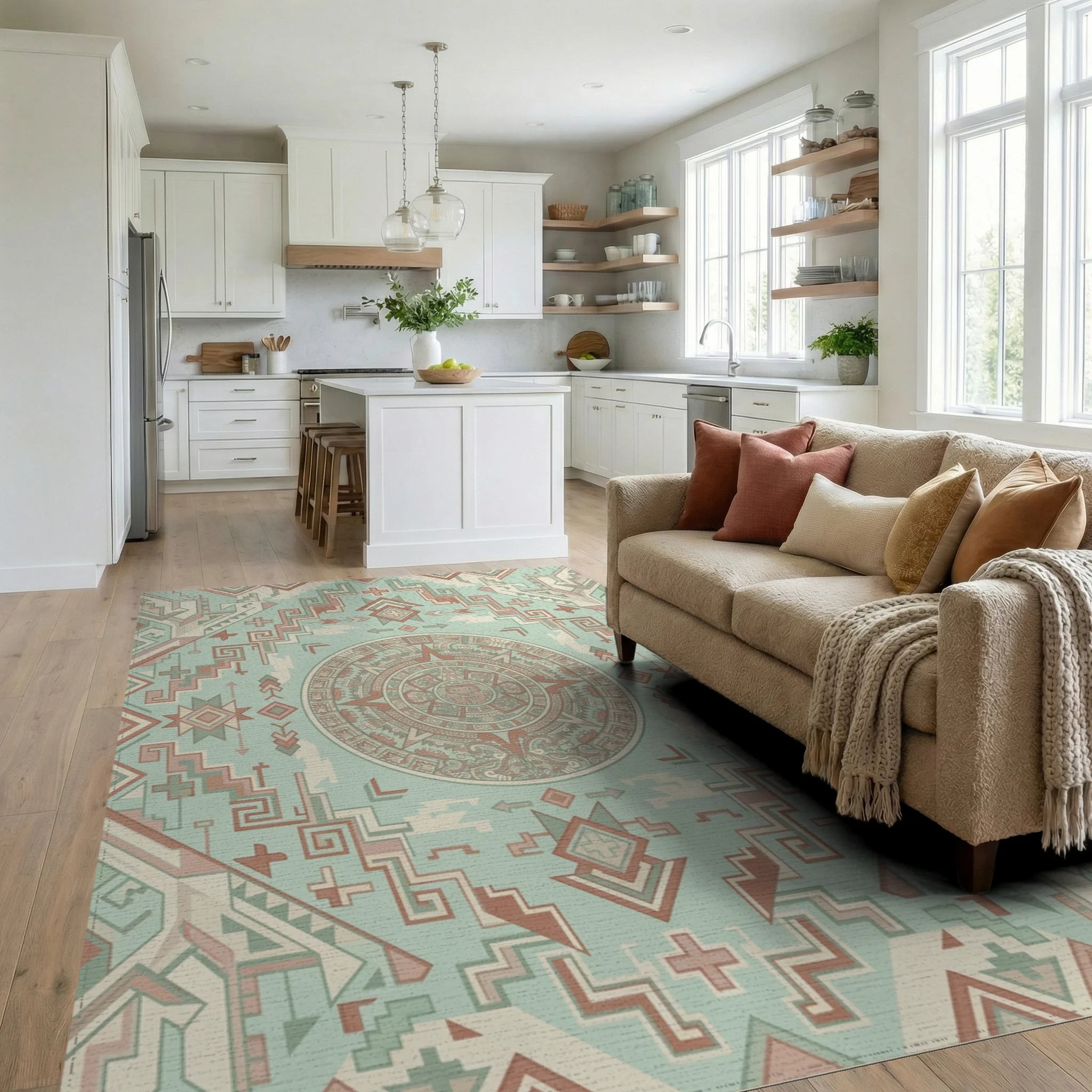 Ancient Sun Calendar Geometric Medallion Rug Living Room View