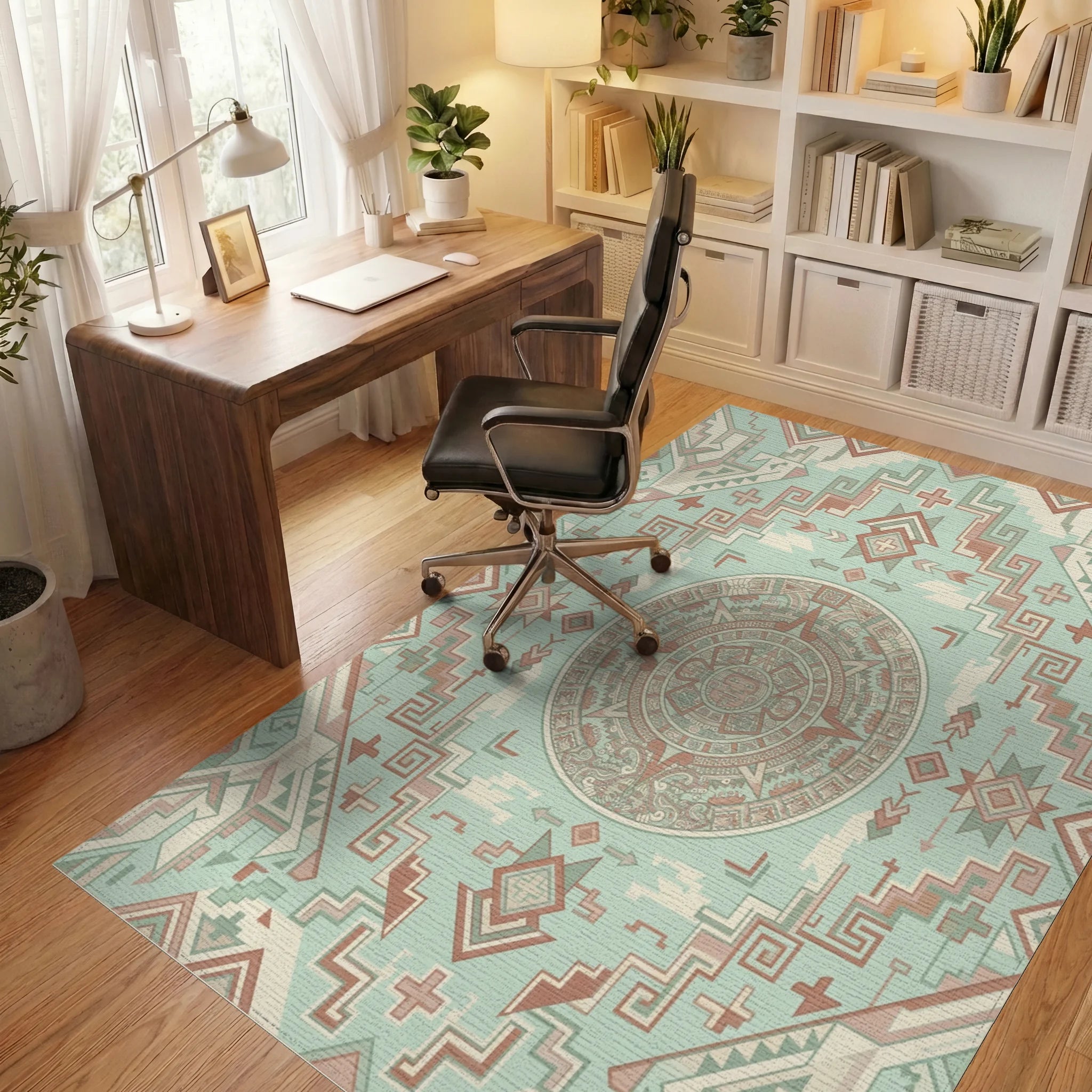 Ancient Sun Calendar Geometric Medallion Rug Office View