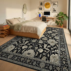 Antique Black Floral Archival Garden Rug - Bedroom View