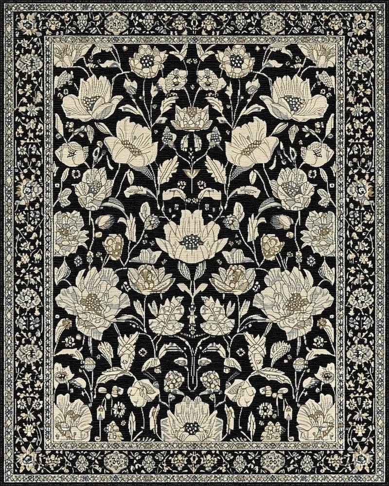 Antique Black Floral Archival Garden Rug - Cutout View
