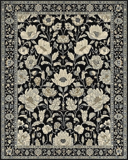Antique Black Floral Archival Garden Rug - Cutout View