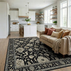 Antique Black Floral Archival Garden Rug - Living Room View