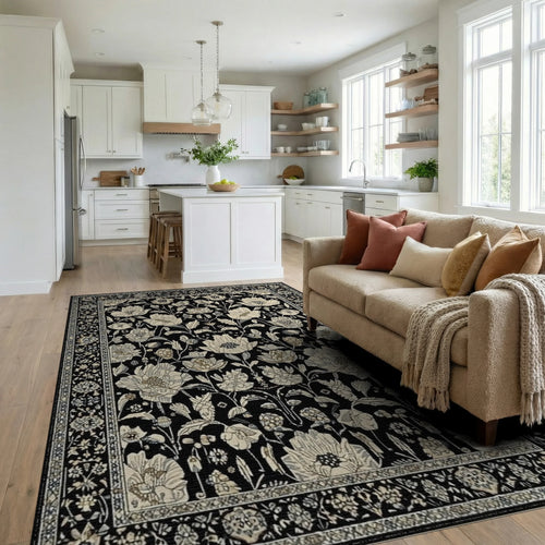 Antique Black Floral Archival Garden Rug - Living Room View