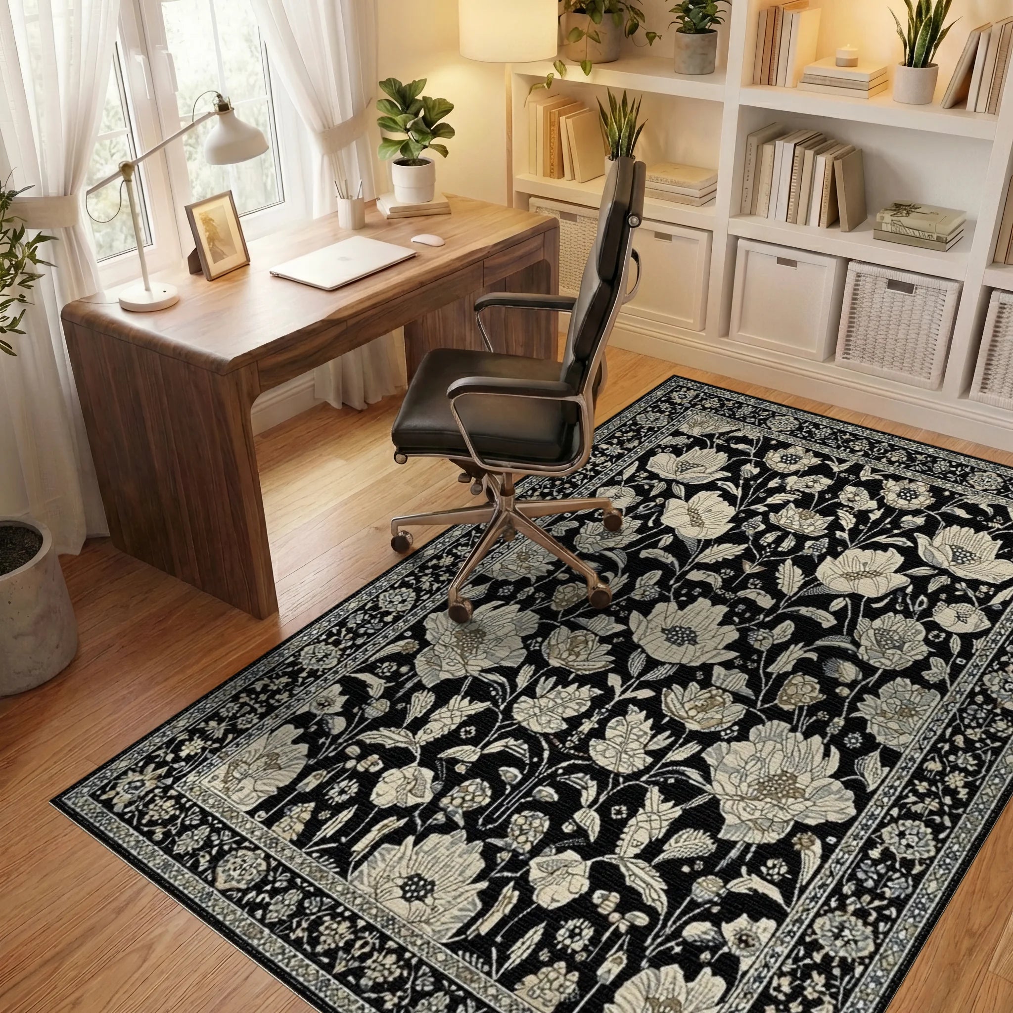 Antique Black Floral Archival Garden Rug - Office View