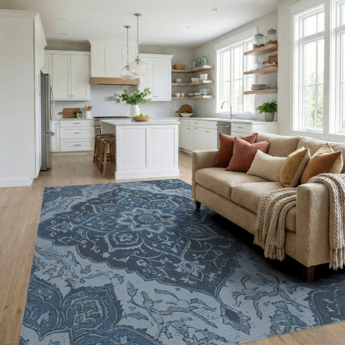 Antique Blue Floral Medallion Rug Living Room View