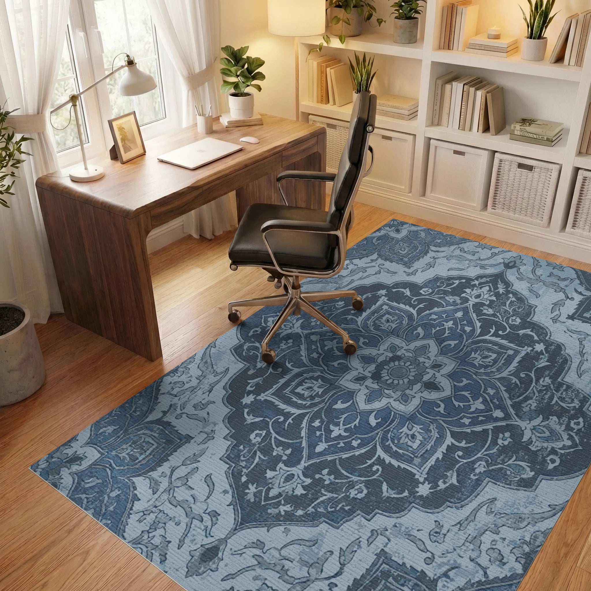Antique Blue Floral Medallion Rug Office View