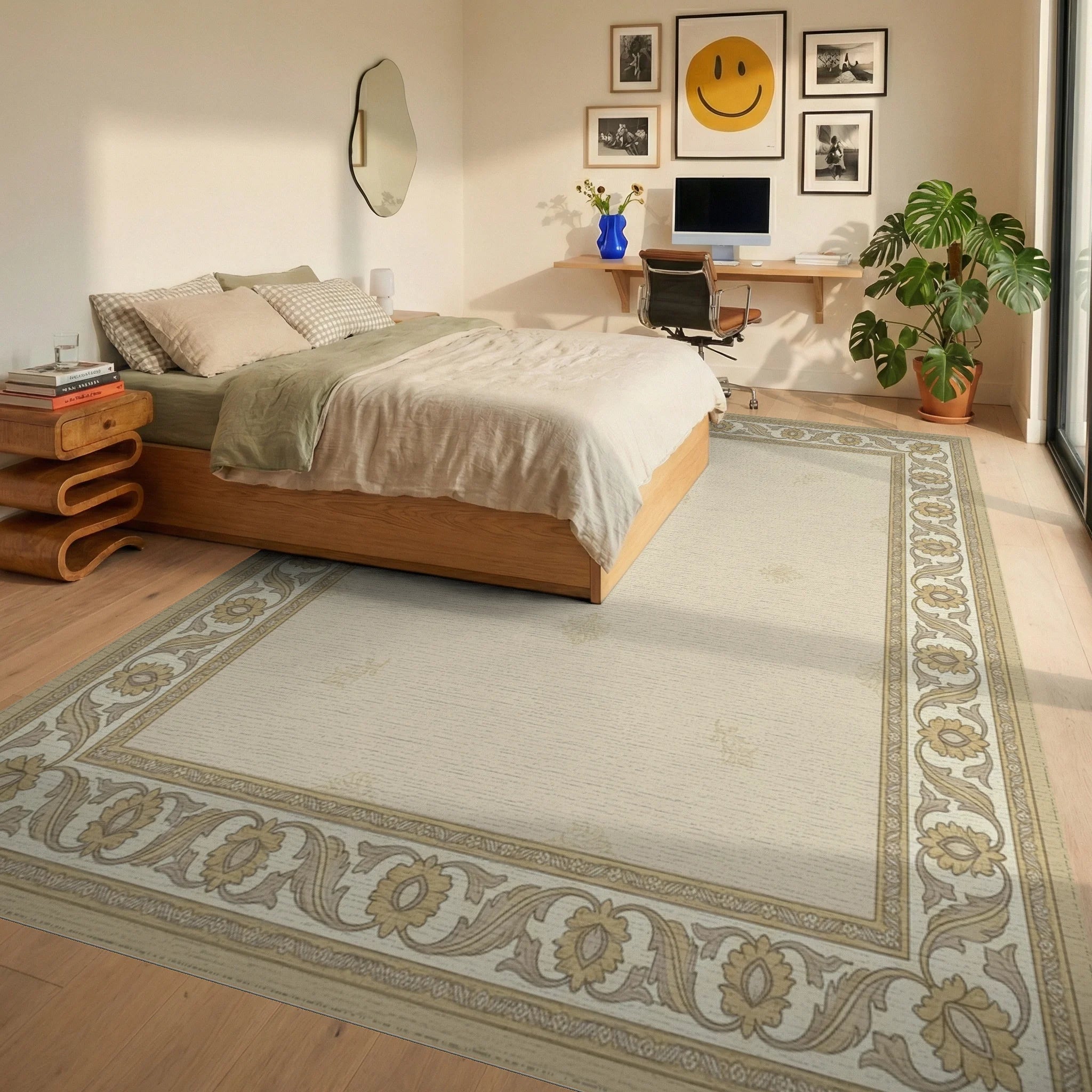 Antique Cream Floral Border Rug Bedroom View