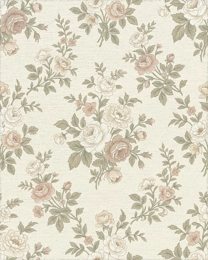 Antique Cream Floral Branch Garland Rug - Cutout View