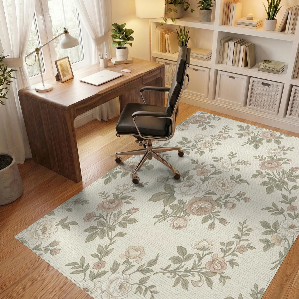 Antique Cream Floral Branch Garland Rug Office View
