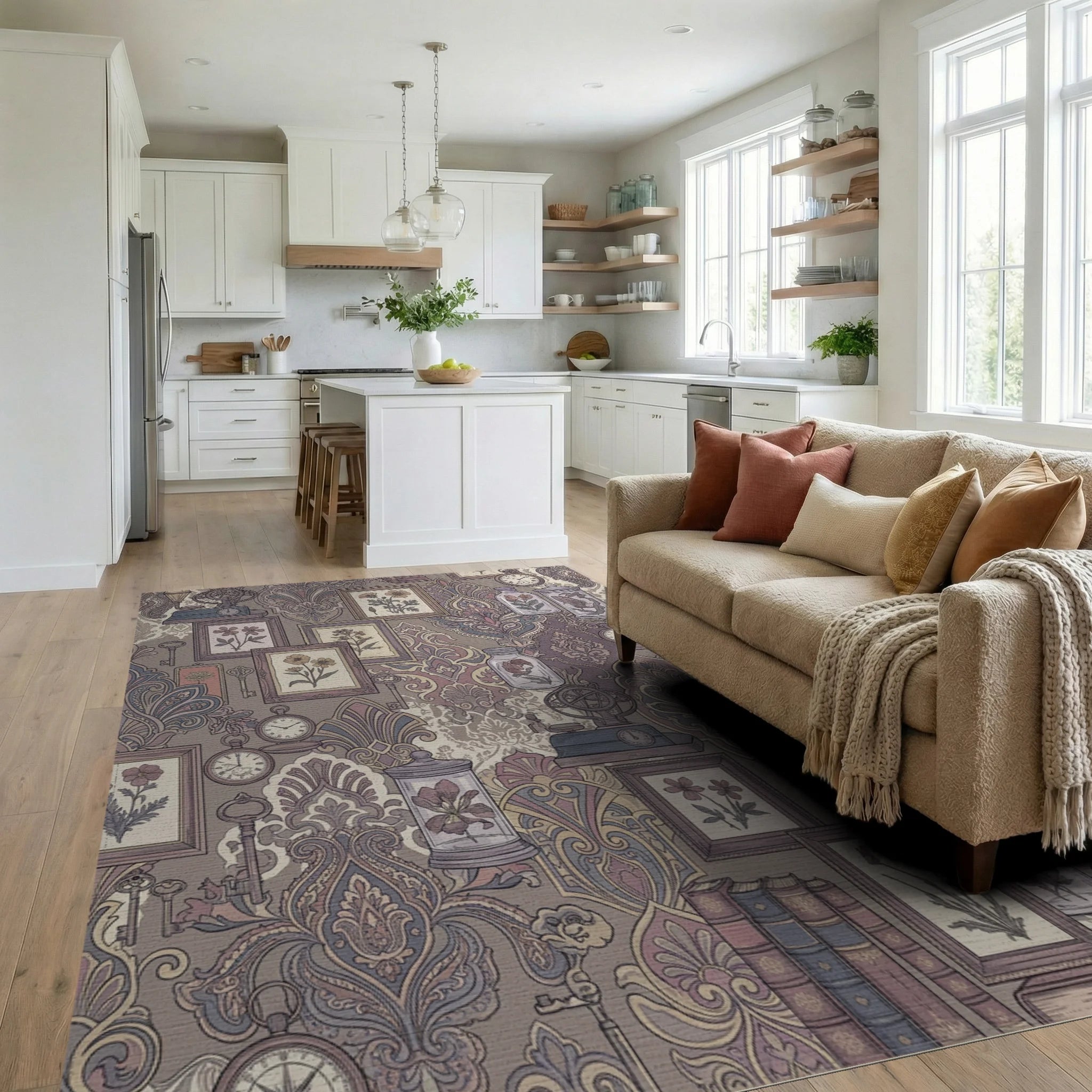 Antique Floral Botanical Collection Collage Rug Living Room View