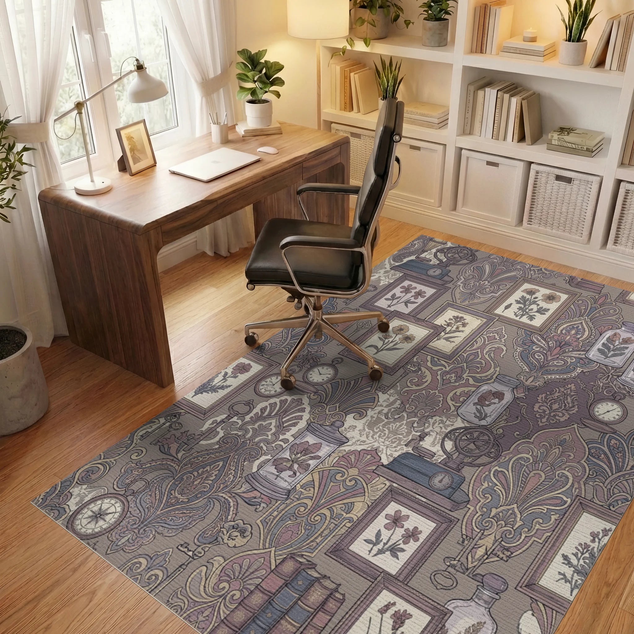 Antique Floral Botanical Collection Collage Rug Office View