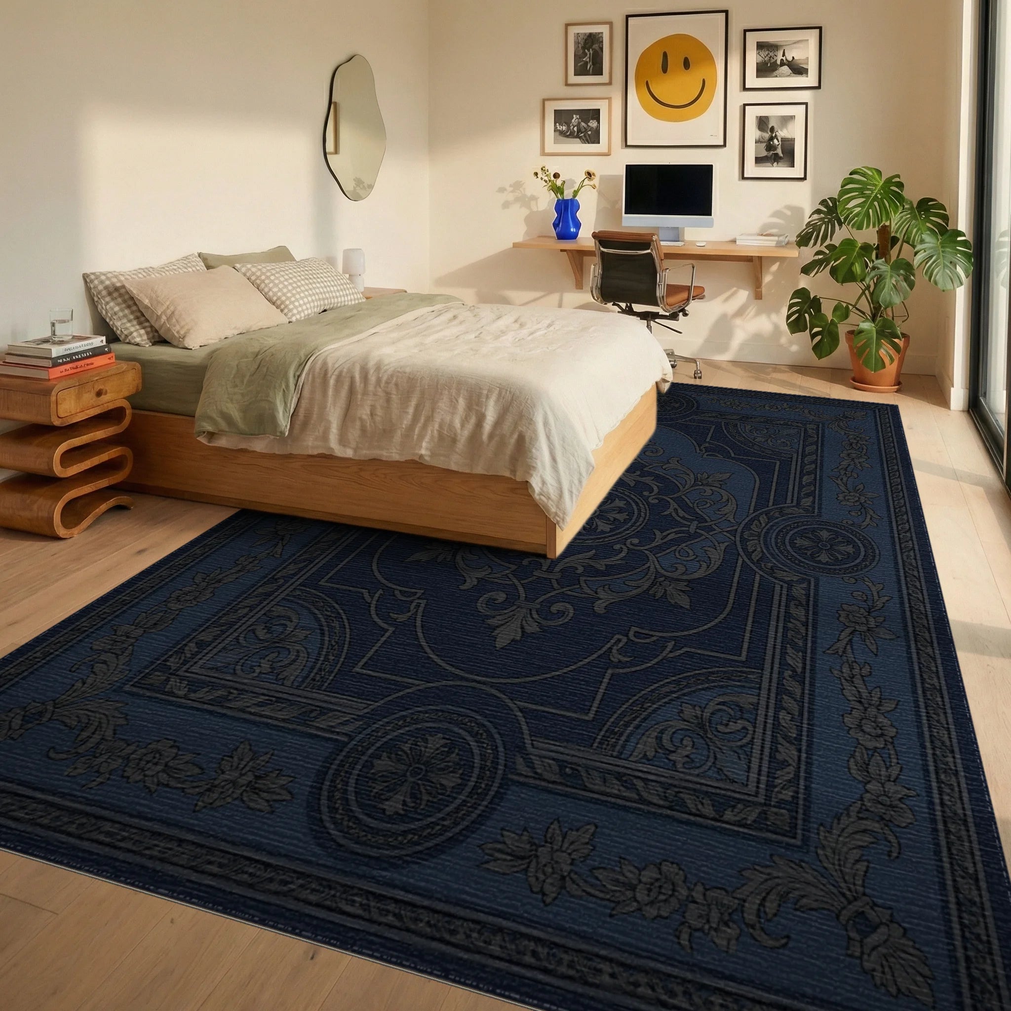 Antique Indigo Ornate Floral Medallion Rug Bedroom View