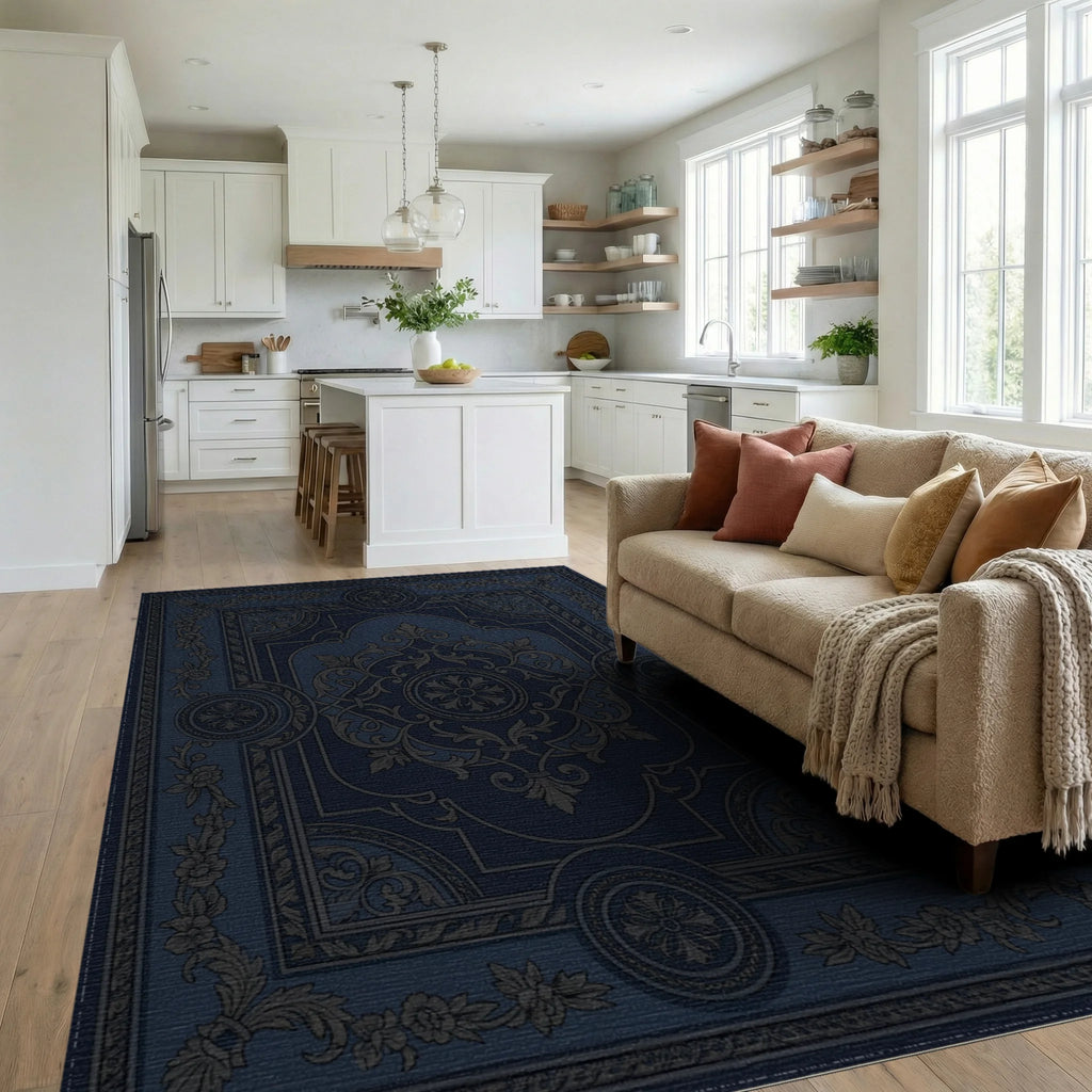 Antique Indigo Ornate Floral Medallion Rug Living Room View