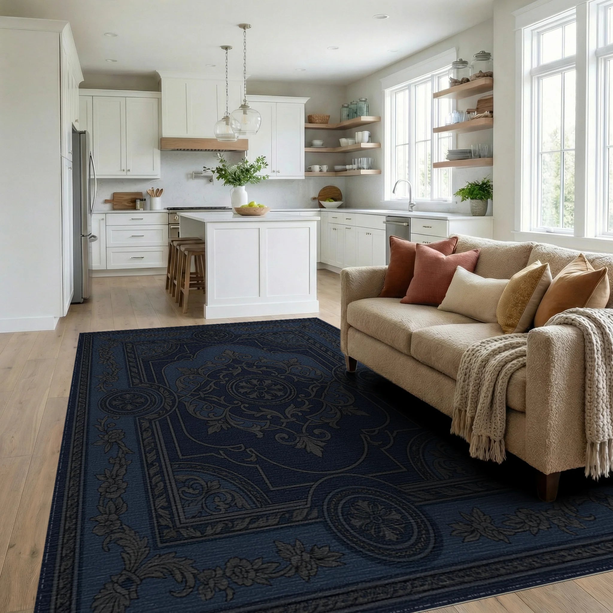Antique Indigo Ornate Floral Medallion Rug Living Room View