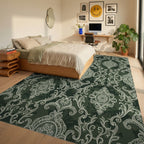 Antique Lace Medallion Green Rug Bedroom View