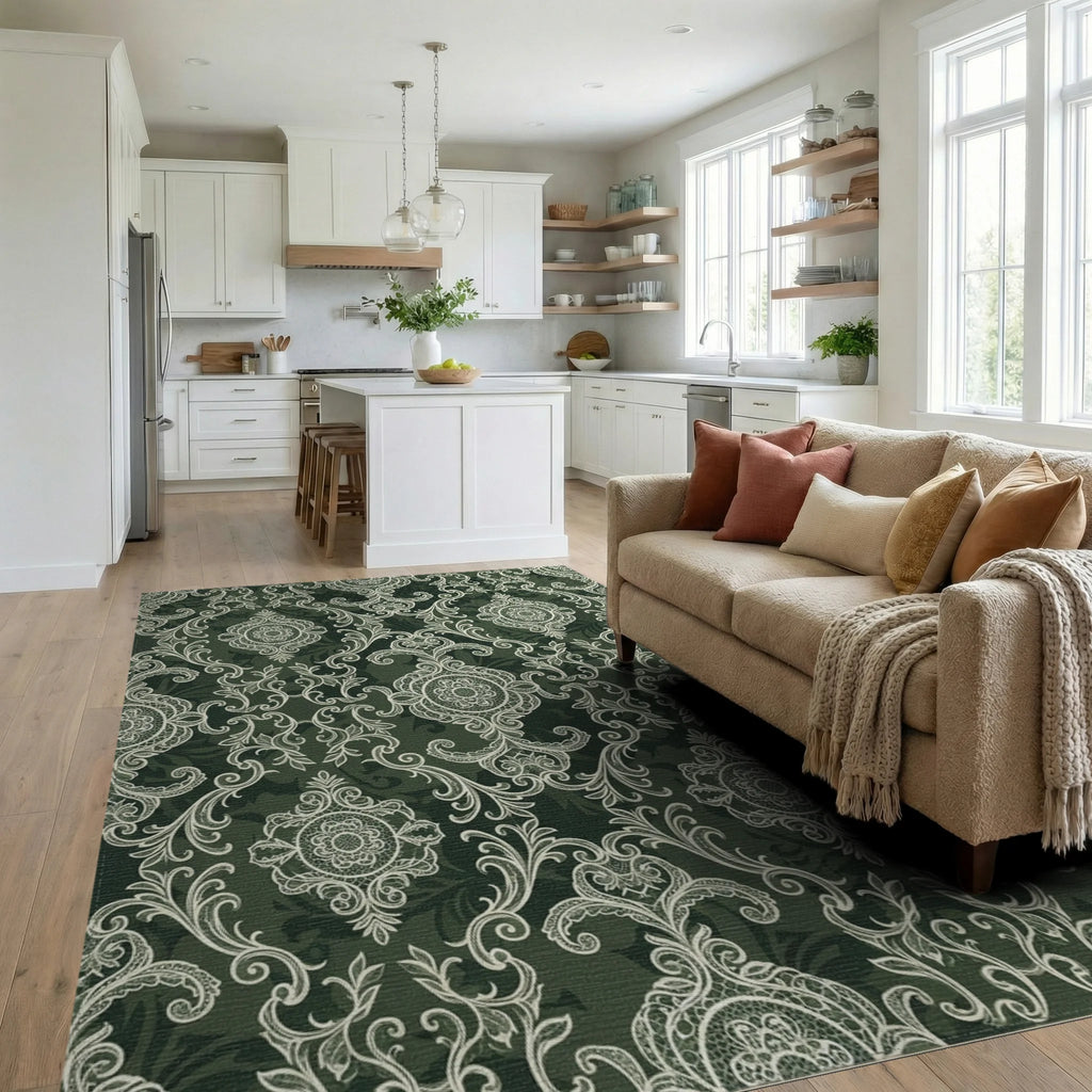 Antique Lace Medallion Green Rug Living Room View