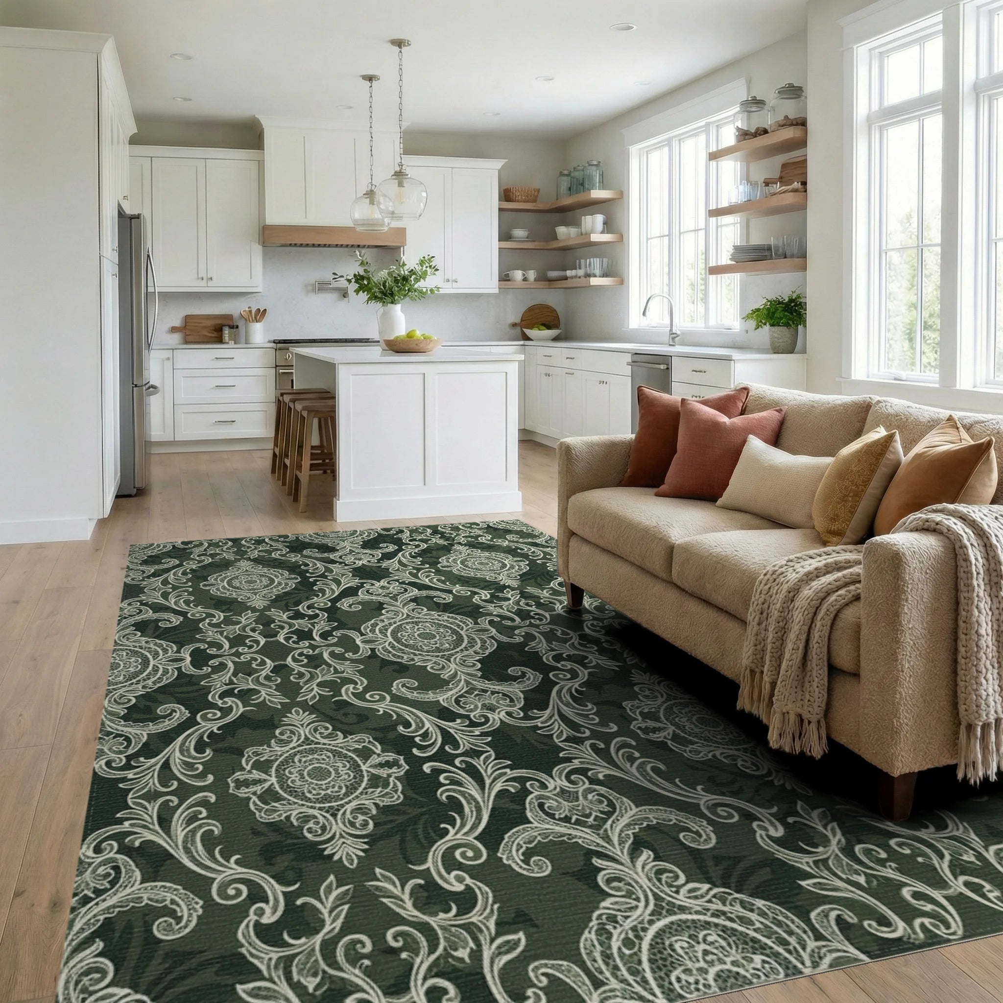 Antique Lace Medallion Green Rug Living Room View