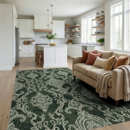 Antique Lace Medallion Green Rug Living Room View
