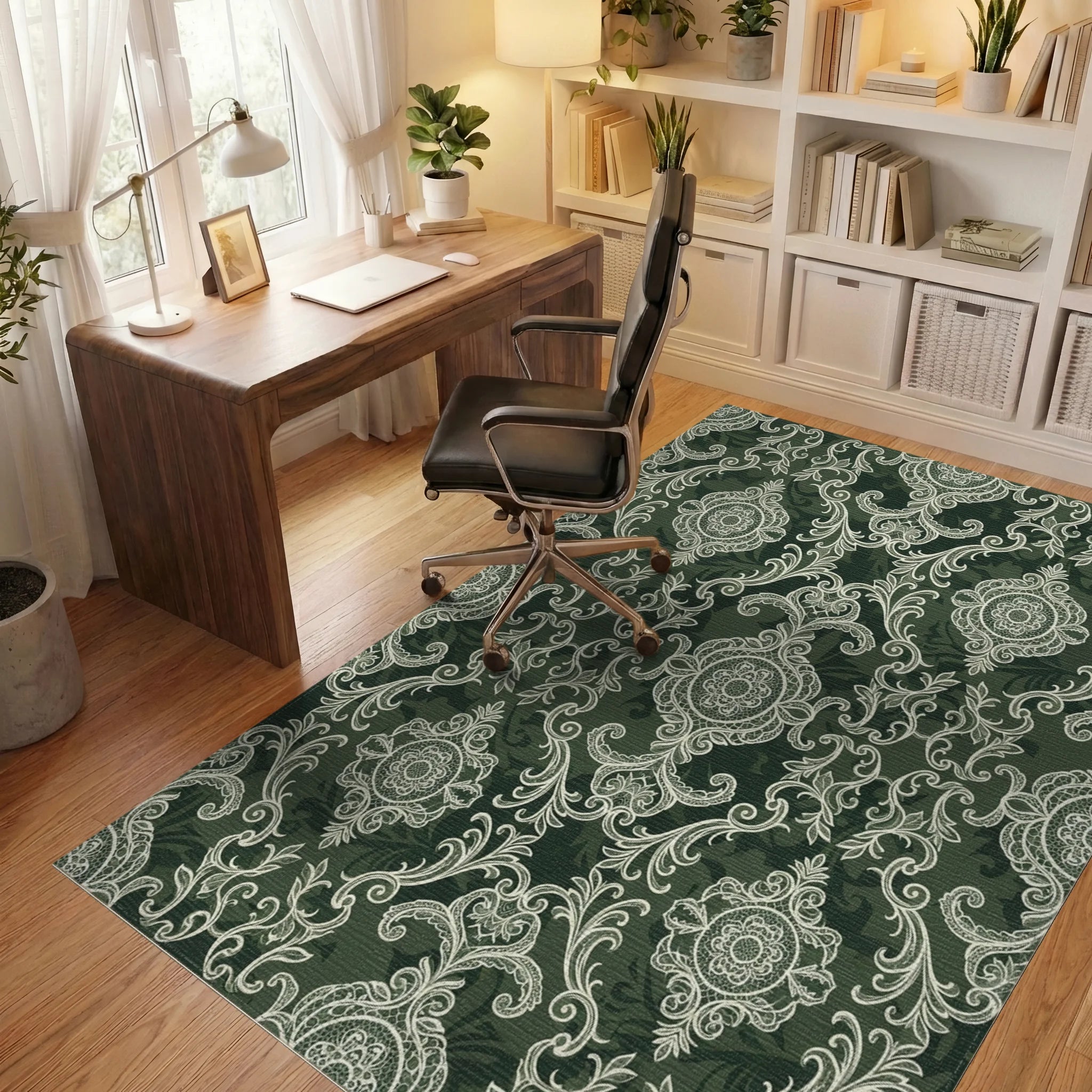 Antique Lace Medallion Green Rug Office View