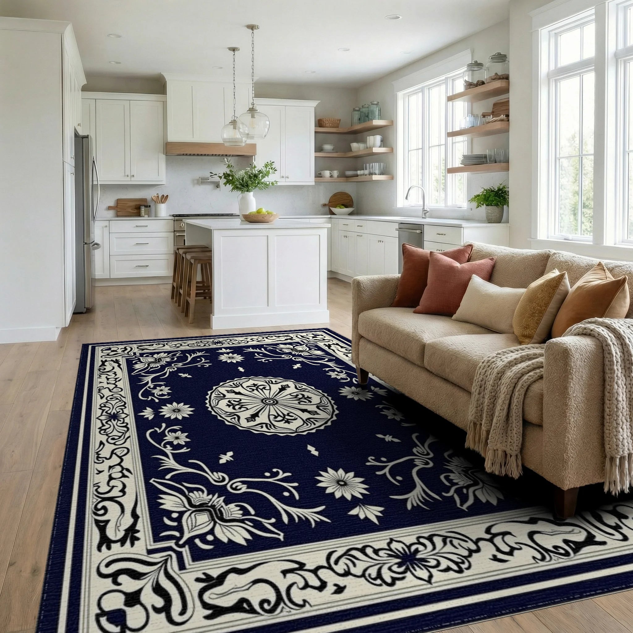 Antique Mandala Floral Border Design Rug Living Room View