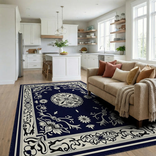 Antique Mandala Floral Border Design Rug Living Room View