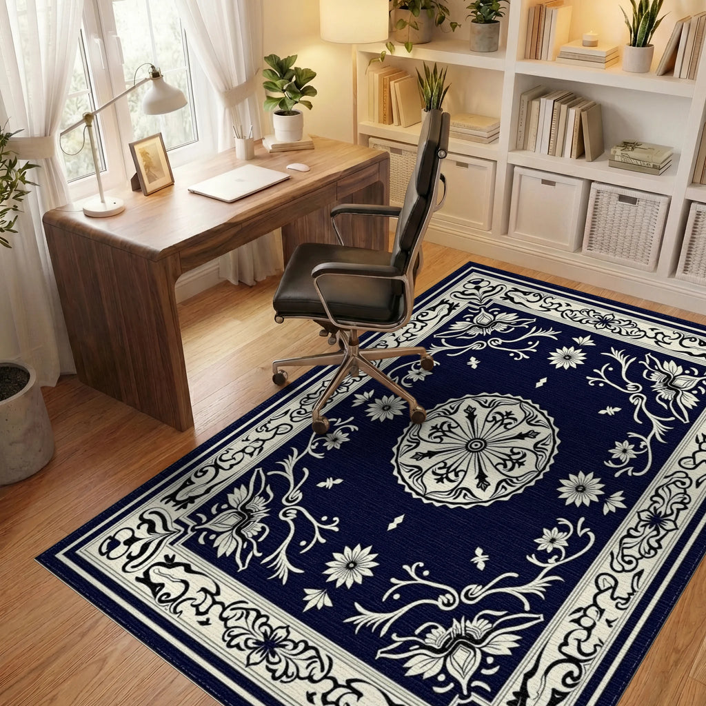 Antique Mandala Floral Border Design Rug Office View