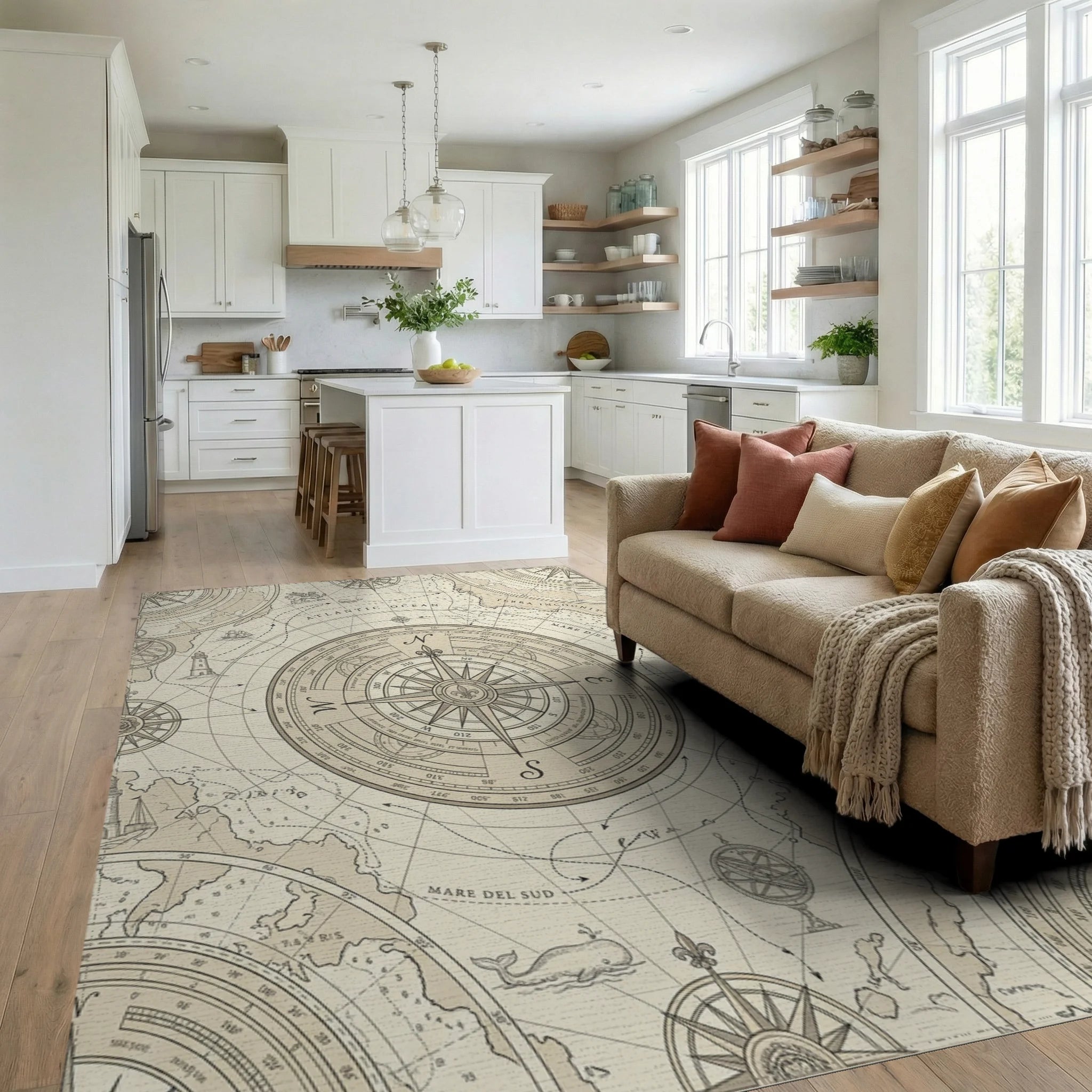 Antique Nautical Chart Compass Rose Rug Living Room View