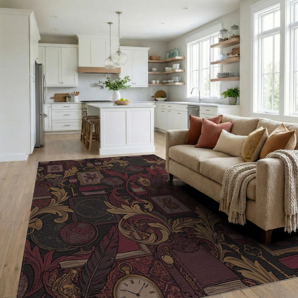 Antique Study Scarlet Gold Botanical Elements Rug Living Room View