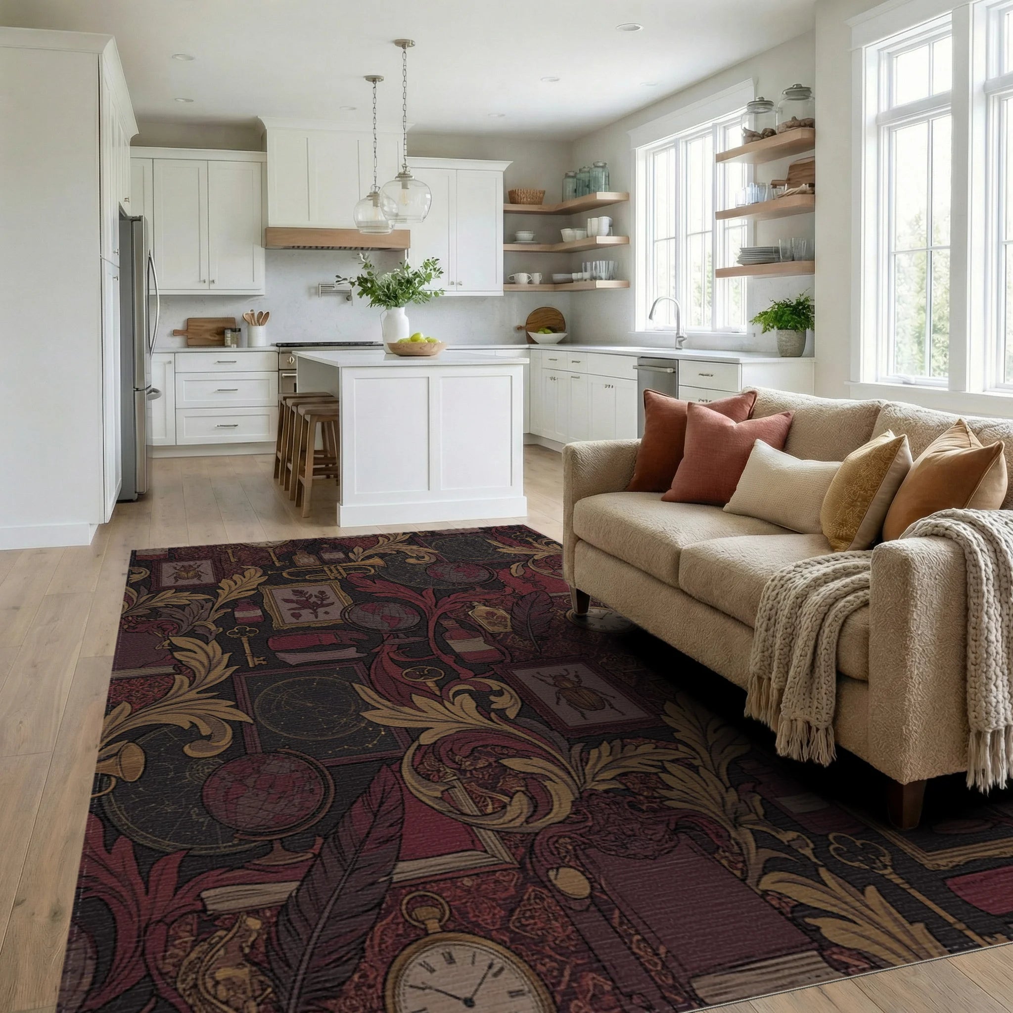 Antique Study Scarlet Gold Botanical Elements Rug Living Room View