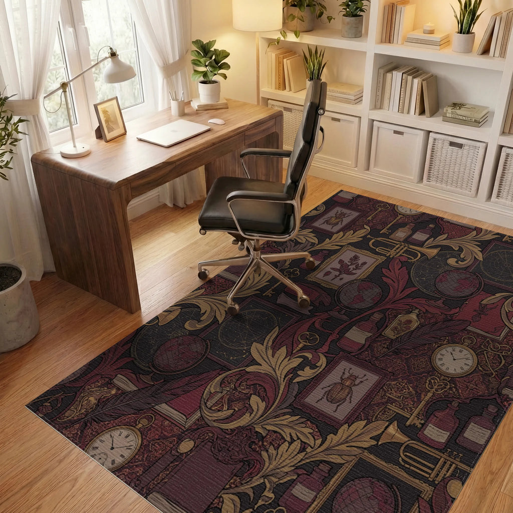 Antique Study Scarlet Gold Botanical Elements Rug Office View