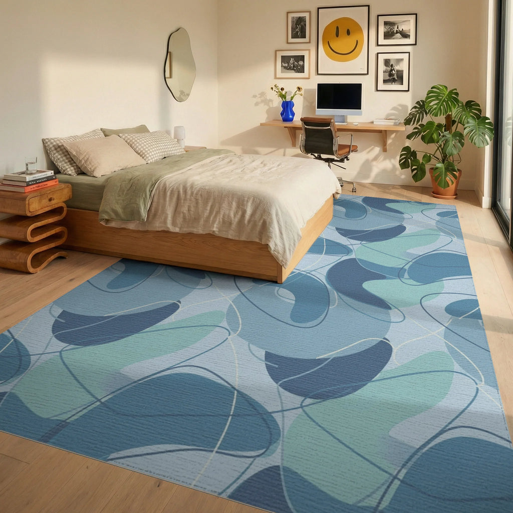 Aqua Blue Abstract Blobs Swirls Rug Bedroom View